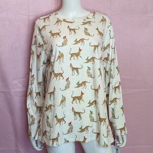 Sleep Sense White Cheetahs with Hats Christmas Pajama Top